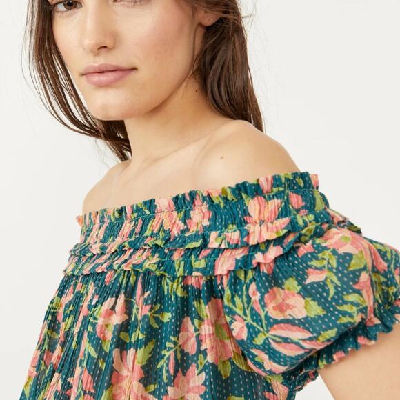 FREE PEOPLE Green Suki Floral Garden Combo Off the Shoulder Top Medium NEW - Picture 2 of 16